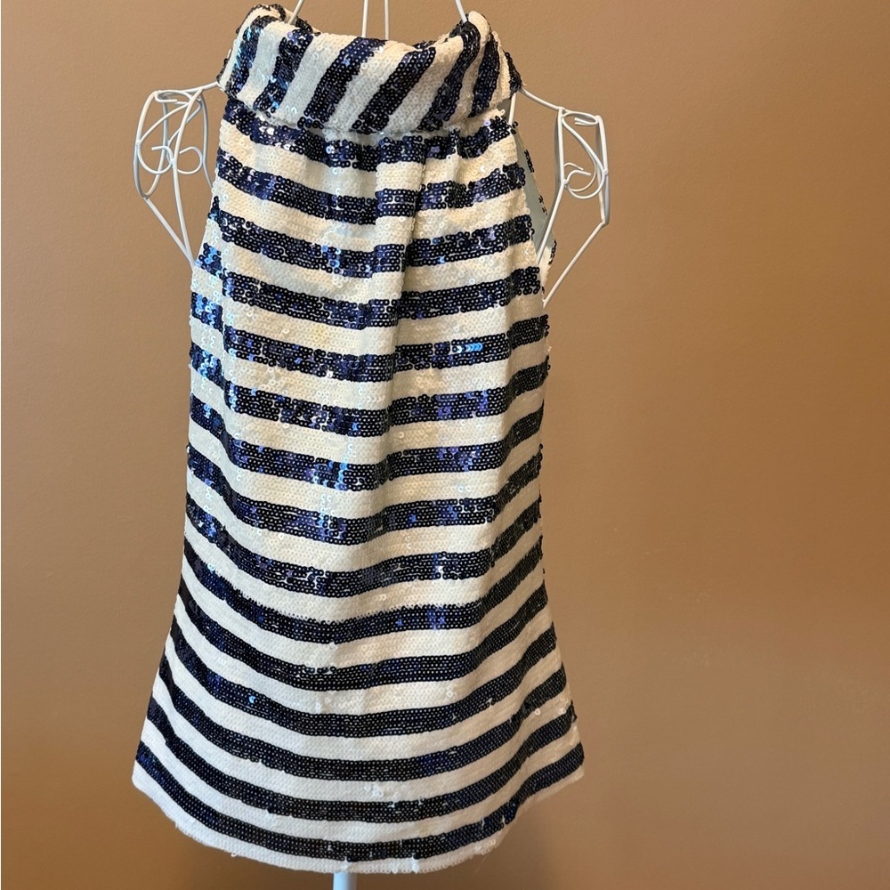Sail to Sable Sequin Stripe Cowl Neck Halter Top Navy White Lined S/M - Picture 3 of 8